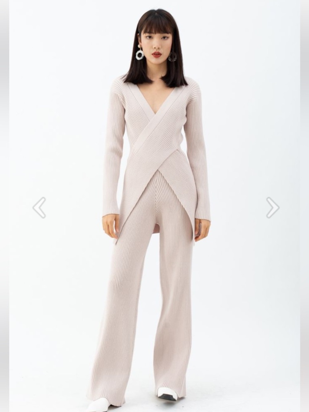 Chicwish Beige Ribbed Wrap V-Neck sweater and pants set